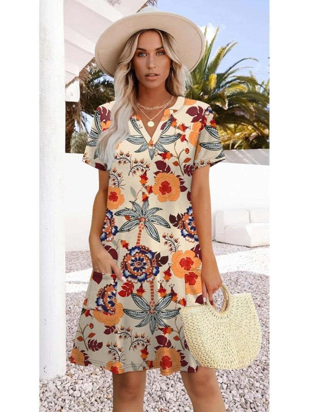 Women V Neck Multicolor Floral Midi Dress Hawaiian Wedding Guest Beach Vacation - Picture 2 of 5